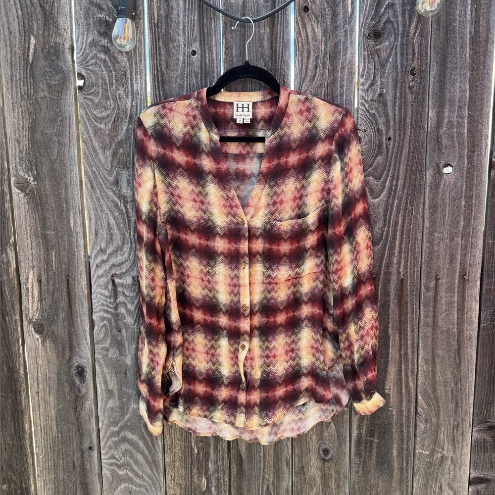 HAUTE HIPPIE Tribal Burgundy Yellow Chevron Plaid printed silk Henley top sz M